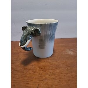 Vintage Pier 1 ELEPHANT TRUNK W Tusk Head Stoneware Coffee Cup Mug 5" Gray White